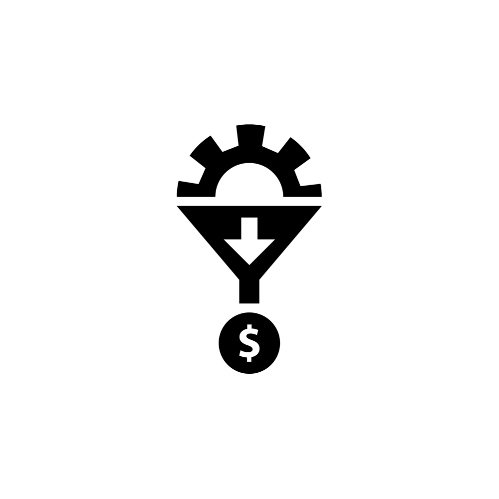 a gear leading to a funnel and a dollar sign, a symbol of future profits